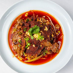 Delicious Asian dish with meat and sauce, served on white plate.